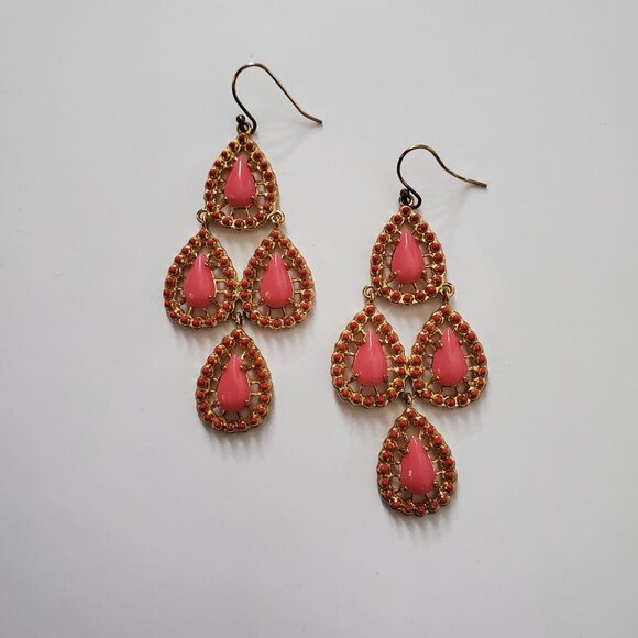 Resin Teardrop Chandelier Earrings Candy Pink & Gold Tone Rhinestones Dangly - Picture 3 of 6